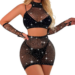 Sexy Lingerie Women Skirt Mini Dress Diamonds Tights Teddies Open Crotch Bodysuit Women Porno Sleepwear Underwear Pink Dress