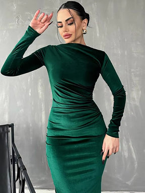 2024 Spring Summer Velvet Long Sleeve Midi Dress for Women Ruched Long Dress Elegant Party Clothes Evening Green Outfits