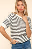 Haptics Openwork Striped Round Neck Half Sleeve Knit Top