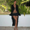 Women Black Sheer Mesh Beach Dress Female Sexy Lace-Up Cardigan Maxi Dress Long Sleeve Elegant Holiday Party Dress Summer