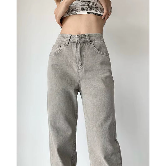 Grey Womens Jeans High Waist Vintage Straight Baggy Denim Pants Streetwear American Style Fashion Casual Wide Leg Denim Trouser