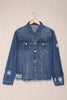 Sky Blue Lapel Distressed Raw Hem Buttons Denim Jacket