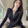 Sexy Deep V Neck Lacing Slim Sweaters Spring New Long Sleeve Solid Youth Thin Hollow Out Korean Tops Fashion Y2K Women Clothing