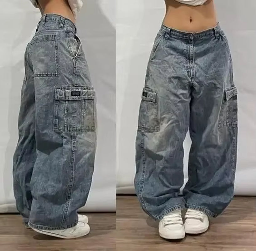 Street Vintage Jeans New Y2K Harajuku Wash Blue Multiple Pockets Baggy Jeans Denim Pants Mens Womens High Waist Wide Trousers