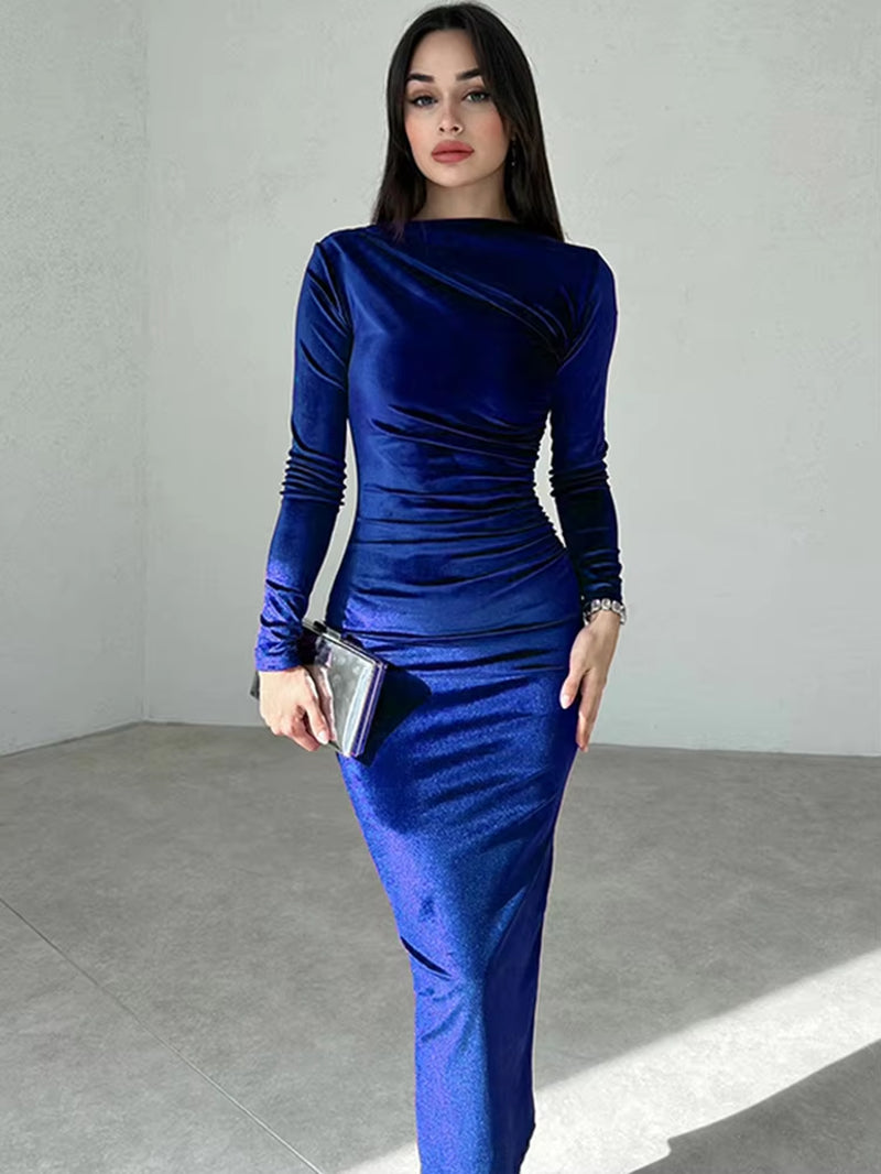 2024 Spring Summer Velvet Long Sleeve Midi Dress for Women Ruched Long Dress Elegant Party Clothes Evening Green Outfits