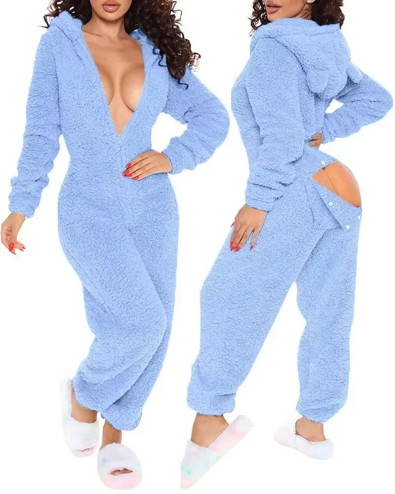 Homewear Pajamas Jumpsuits Women Autumn Winter Long-Sleeved Hooded Trousers Rompers Plush Loungewear Pajamas Jumpsuit Outfits