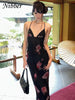 See through Halter Dress Women Trend Rose Print Fit Backless Sexy V-Neck Skinny Vacation Beach Party Slim Maxi Vestidos