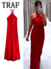 TRAF 2024 Halter Long Dresses for Women Backless Satin Dress Woman off Shoulder Sexy Midi Dresses Elegant Evening Party Dress