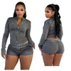 Sexy Denim Womens 2 Two Piece Set Stretchy Long Sleeve Zip up Slim Jackets and Shorts Suits Y2K Streetwear Belt Jean Outfit Sets