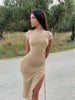 Sexy Side Slit Short Sleeve Wrap Buttocks round Neck Dress 2024 Summer Drawstring Tie up Women'S Clothing