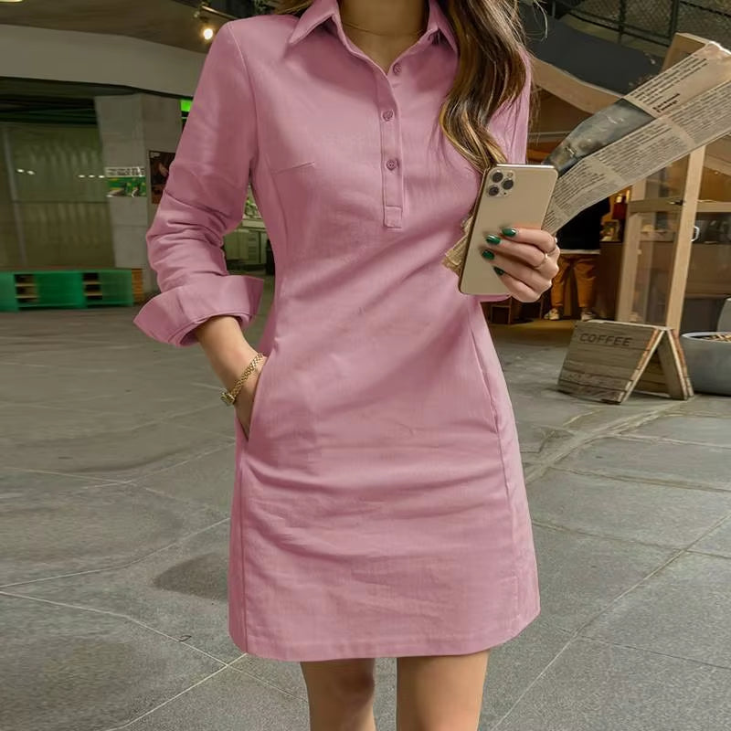 Women Dress Summer Elegant Long Sleeve Solid Color Shirt Sundress 2024 Casual Loose Buttons Pockets Short Mini Vestidos