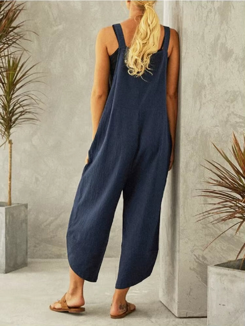 Women Large Cotton Linen Strap Loose Jumpsuit Summer Casual Wide Leg Ankle Length Fashion Jumpsuit Solid Color Pockets Romper