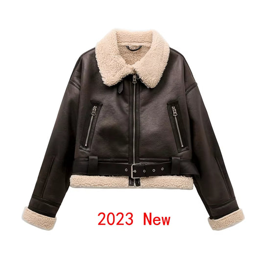 2023 New Woman'S Fashion Thick Warm Faux Shearling Jacket Coat Vintage Long Sleeve Belt Hem Female Outerw