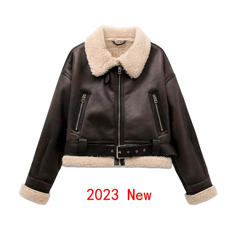 2023 New Woman'S Fashion Thick Warm Faux Shearling Jacket Coat Vintage Long Sleeve Belt Hem Female Outerw