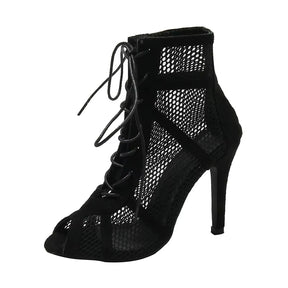 Sexy High Heels Hollow Mesh Sandals Women Summer Cross-Tied Peep Toe Heeled Sandals Ankle Strap Dance Shoes Black Net Sandals