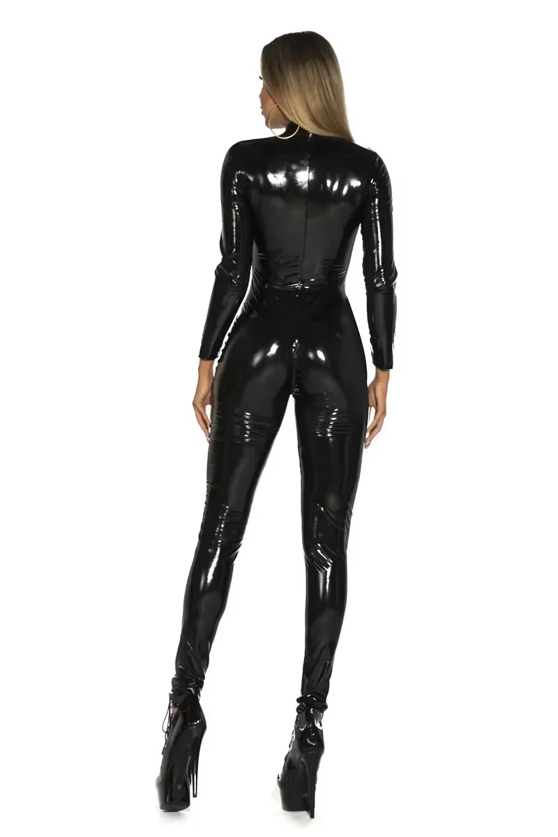 Women'S Wet Look Shiny PU Faux Leather Jumpsuit Suit Long Sleeve Zipper Open Crotch Latex Bodysuit Clubwear plus Size