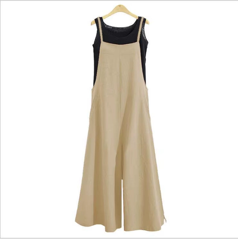 Women Straps Jumpsuit Summer Solid Color Wide Leg Pants Dungaree Bib Overalls Casual Loose Sleeveless Cotton Linen Jumpsuits 5Xl