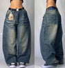 2024 New American Harajuku Retro Straight High Waist Y2K Street Style Women Washed Blue Pockets Baggy Jeans Gothic Wide Pants