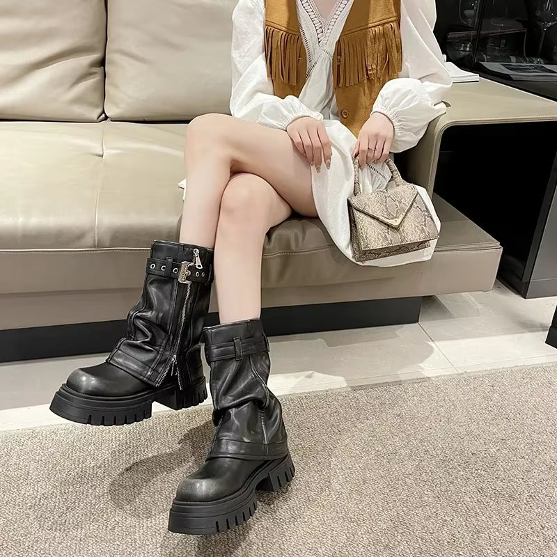 2023 New Shoes for Women Belt Buckle Women'S Boot Fashion Side Zipp Modern Boots Women High Quality round Toe Mid-Calf Zapatos