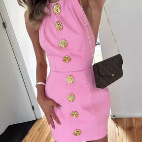 Sexy Cut Out Rose Button Halter Mini Dress Women Fashion Sleeveless Backless Party Dresses 2024 Summer Elegant Female Vestidos