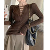 Sexy Deep V Neck Lacing Slim Sweaters Spring New Long Sleeve Solid Youth Thin Hollow Out Korean Tops Fashion Y2K Women Clothing