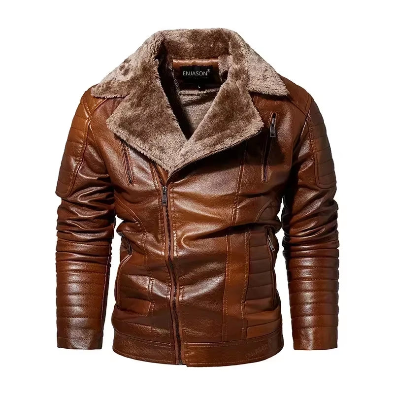 Fashion Warm Winter Men'S Leather Jacket with Fur Collar Thicken Fleece Motorcycle Coat Casual Faux Leather Locomotive Jacket