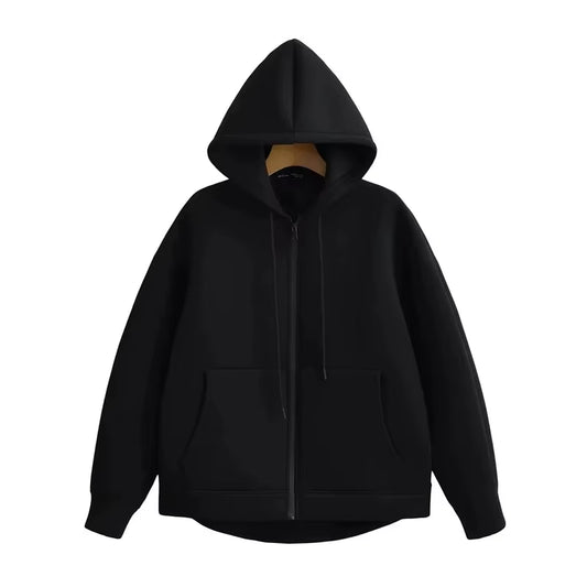 Winter New Women'S Zipper Hoodie High Street Unisex Style Double Pockets Oversize Loose Sweatshirts Outerwear Top