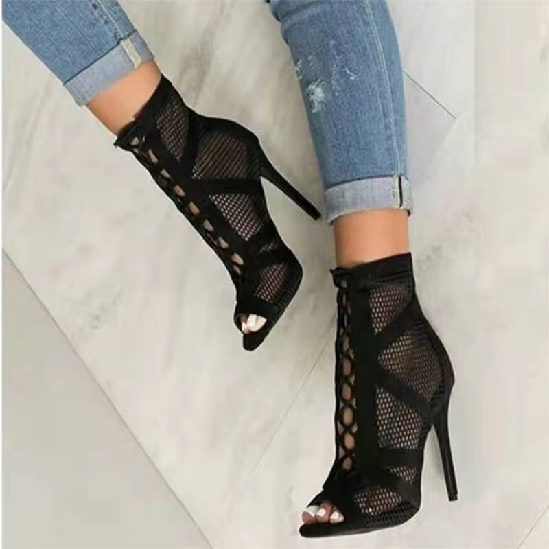 New Fashion Show Black Net Fabric Cross Strap Sexy High Heel Sandals Woman Shoes Pumps Lace-Up Peep Toe Sandals Casual Mesh