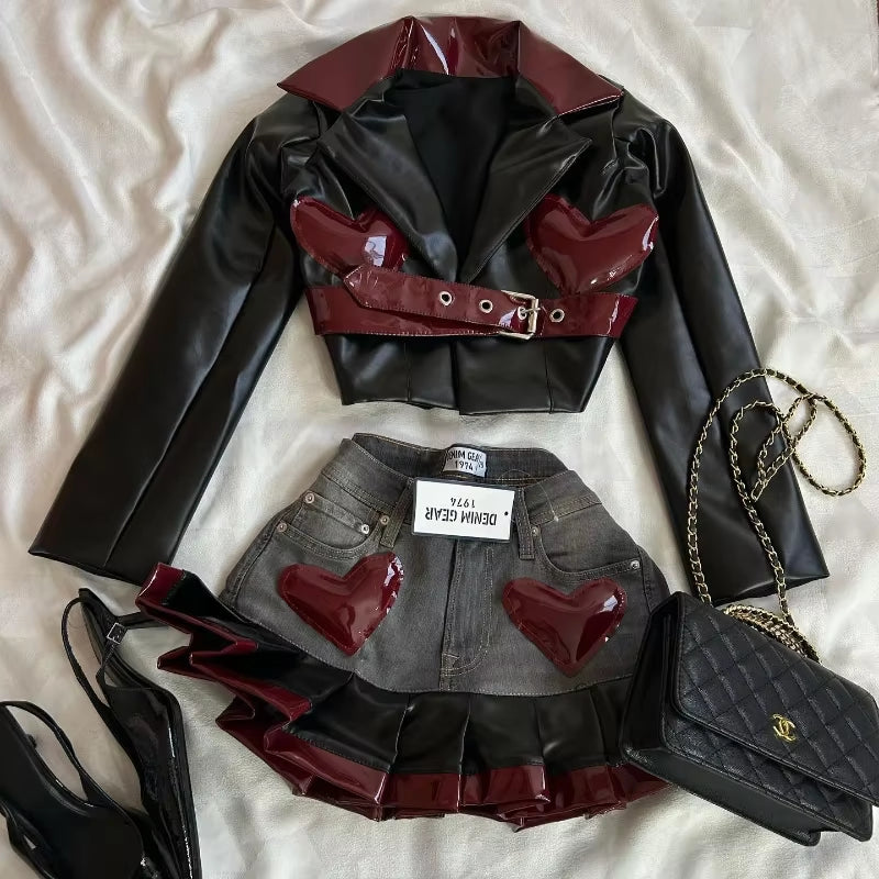 Y2K Women Streetwear Heart Shape Leather Outfit Two Piece Harajuku Gothic Jacket Cropped Denim Patchwork Pleated Mini Skirt Suit