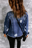 Sky Blue Lapel Distressed Raw Hem Buttons Denim Jacket