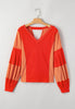 Studded Waffle-Knit V-Neck Long Sleeve Top