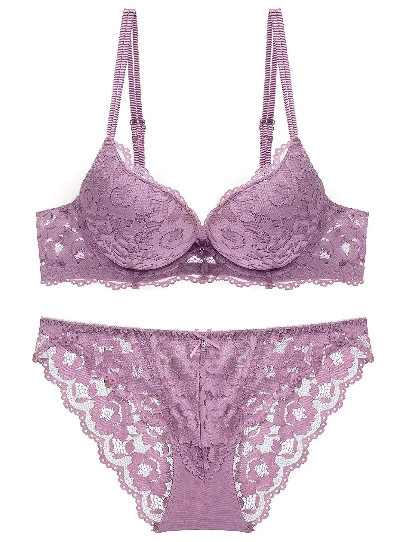 1 Set Elegant Lace Embroidery & Breathable Fabric Lingerie Set: Push-Up Bra, Drop Waist Sheer Panty - Ultimate Valentine'S Day