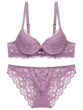 1 Set Elegant Lace Embroidery & Breathable Fabric Lingerie Set: Push-Up Bra, Drop Waist Sheer Panty - Ultimate Valentine'S Day