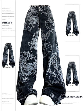 Women Black Gothic Dragon Print Jeans Baggy Vintage Aesthetic Cowboy Pants Harajuku Denim Trousers Y2K Trashy 2000S Clothes 2024