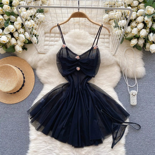 Sensual Transparent Gauze Camisole Short Night Dress Ladies Folds Flower Ball Gown Sleepwear Nightwear Women Sweet Sexy Pajamas