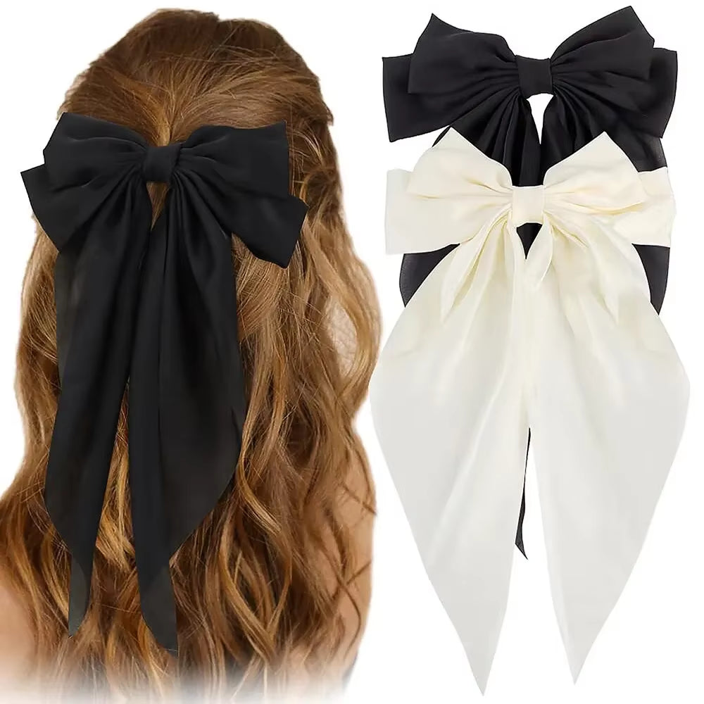 1/2Pcs Elegant Bow Ribbon Hair Clip Women Fashion Solid Bowknot Satin Hairpin Barrettes Girls Ponytail Clip Hair Accessories