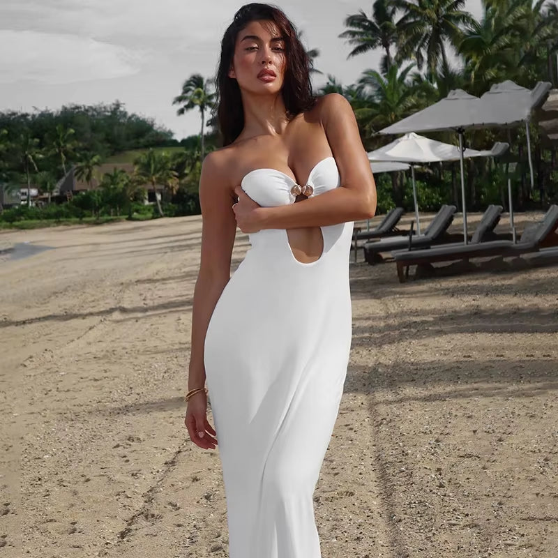 Sexy Strapless Cut Out Bodycon Maxi Dress Women off Shoulder Backless Solid White Sundress 2024 Summer Beach Y2K Clothe