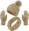 Womens Winter Warm Sets Knitted Fur Pompoms Beanie Hat Circle Loop Scarf Touch Screen Gloves Winter Favor Accessories