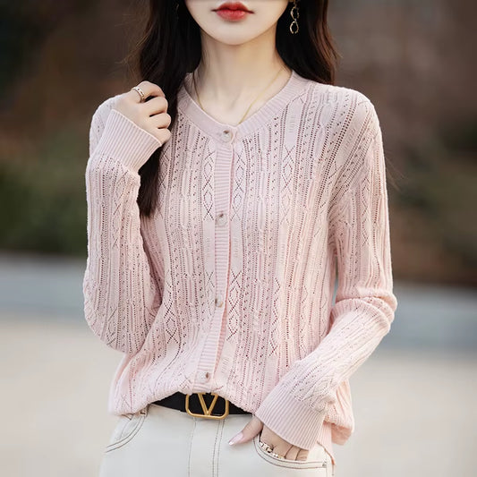 Women'S Sweater Spring/Summer New 100% Cotton Coat Female O-Neck Knitted Cardigan Fashion Slim Top Clothing Long Sleeved Solid