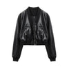 Women'S Street Fashion Faux Leather Bomber Jacket Stand Collar Black Short Leather Coat