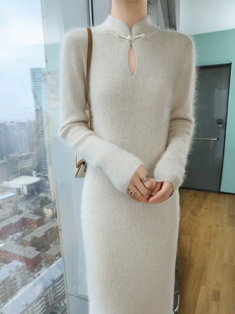 100% Pure Mink Cashmere Knitted Dress Women Stand up Collar Button Long Skirts Casual High Waist over Knee Dress New Thick Skirt