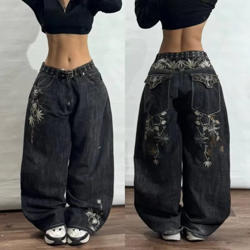 Streetwear New Vintage Letter Printing Washed Baggy Jeans Women Y2K Harajuku Hip Hop Popular Gothic High Waist Wide Leg Pants