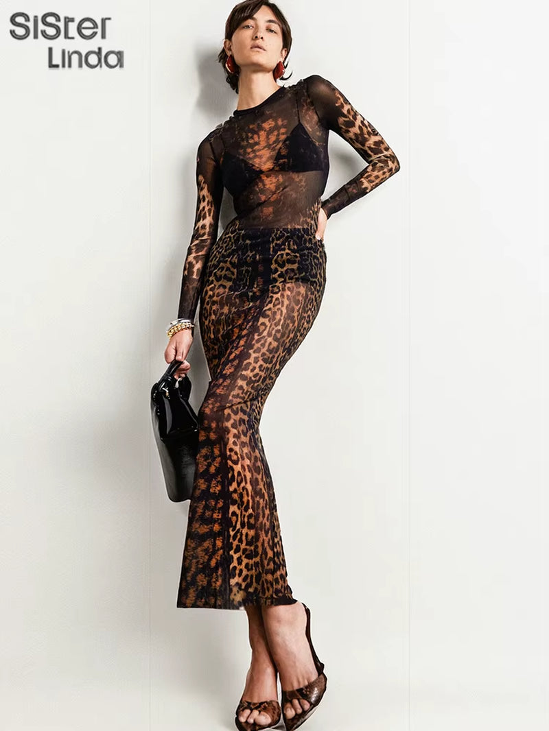 Autumn Release Junior Ankle-Length Sexy High Street Dress K24D56731Girl Knit Leopard Color Slim Fit Long Sleeve Robe