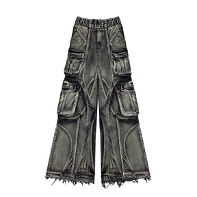 Streetwear New Fashion Old Washing Heavy Industry Big Pocket Black Baggy Jeans Men Y2K Rock Hiphop Dark Casual Wide-Leg Trousers