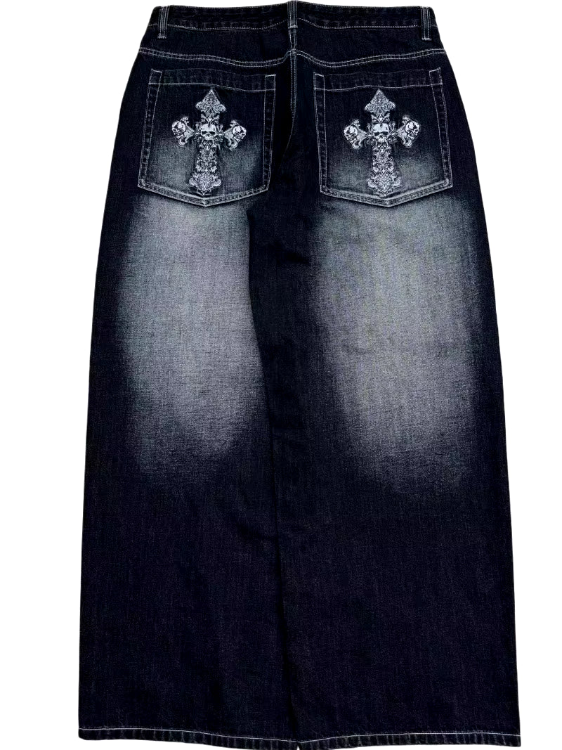 European and American Vintage Wash Do Old Jeans Men Y2K Street Fashion Pocket Cross Embroidery Wide Leg Pants Punk Trend Pants