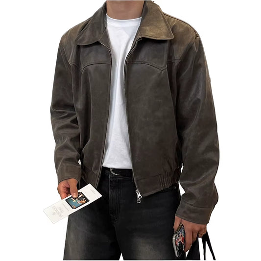 Spring Autumn Vintage Lightweight Distressed Washed Brown Pu Leather Jacket Men Zipper Casual Korean Fashion Clothes