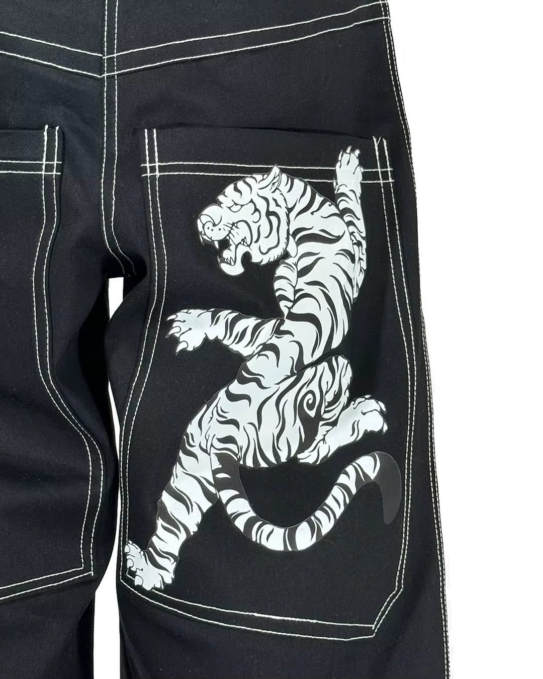 Y2K Casual White Tiger Print Trend Vintage Street Denim Pants Straight Wide Leg Jeans for Men Women Gothic Fashion Baggy Jeans