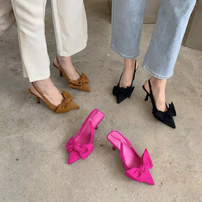 2024 Summer Brand Women Slingback Sandals Heeled Shoes Fashion Bow-Knot Pointed Toe Slip on Ladies Elegant Dress Pumps Shoes