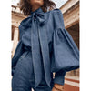 Gymystars New Trendy Imitation Denim Blouse Tops for Women Long Puff Sleeves Bow-Embellished High Neck Women'S Autumn Shirts