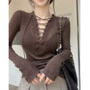 Sexy Deep V Neck Lacing Slim Sweaters Spring New Long Sleeve Solid Youth Thin Hollow Out Korean Tops Fashion Y2K Women Clothing